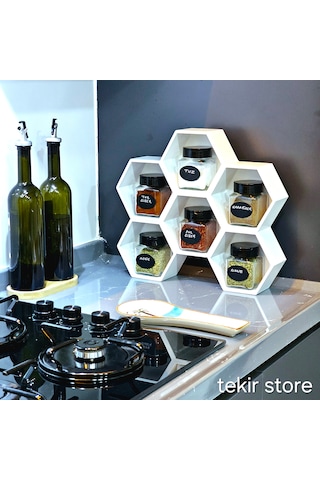 6'lı Baharatlık Takımı Ahşap Beyaz Standlı Petek Model Çift Yönlü Beyaz