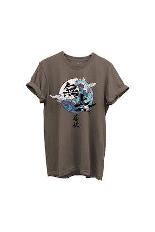 Japon Sanatı Stilinde Turna Kuşları Ve Dalga Desenli %100 Pamuk Regular Fit Unisex T-shirt Kahverengi