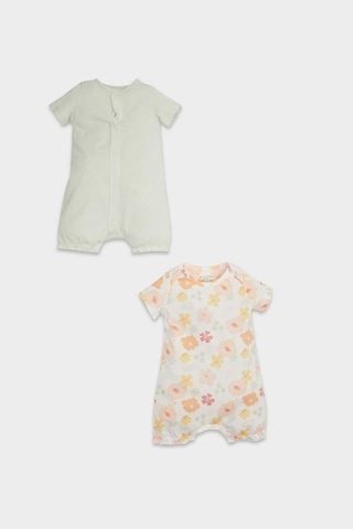 DeFacto Kız Bebek Yenidoğan Desenli Penye 2'li Kısa Kollu Tulum D8298A5NSER105 Ekru