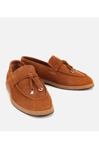 Hotiç Kadın Süet Deri Taba Gold Aksesuarlı Klasik Loafer
