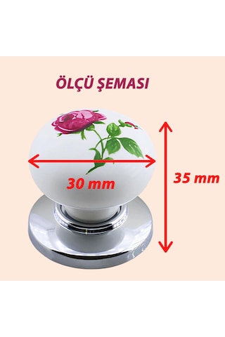 8 Adet Pembe Gül Desenli Beyaz Polimer Düğme Kulp Krom Tablalı Mobilya Mutfak Dolabı Çekmece Kulbu Kulpları