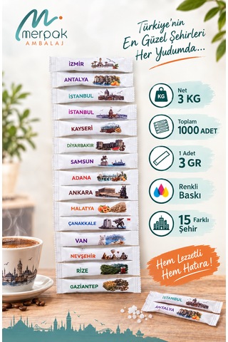 Stick Şeker Şehirler Baskılı 3 Gr X 1000 Adet Renkli Baskılı Çubuk Şeker Net 3 Kg 1000'li Set