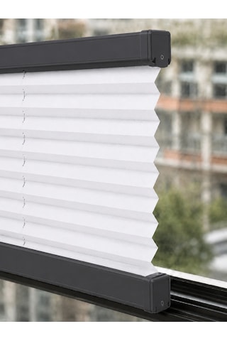 Plise Perde Beyaz Kumaş + Antrasit Profil Kasa Cam Balkon Perdesi