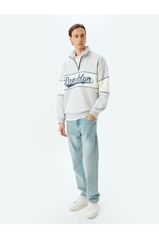 Koton Oversize Sweatshirt Kolej Baskılı Yarım Fermuarlı Renk Bloklu Şardonlu Pamuk Karışımlı Gri 5wam70029mk Gri