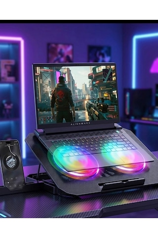 Mey İthalat Rgb Işıklı Laptop Soğutucu Stand Çift Fanlı Sessiz Çalışan Ayarlanabilir
