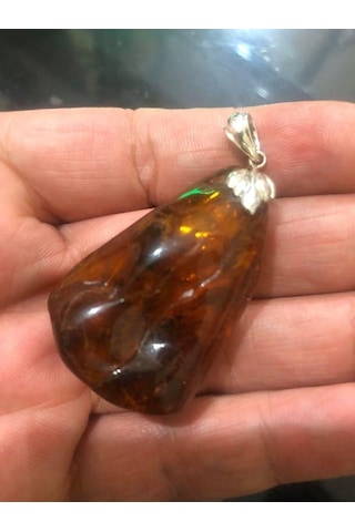 Doğal Kaya Damla Kehribar Kolye Ucu Otantik Gümüş Aparatlı 11,8 Gram