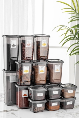 Meleni Home 18'li Pino Baharatlık Erzak Saklama Kabı - Kapaklı Kare Baharat Takımı 6x 0,50 Lt-1,10 Lt-1,70 Lt