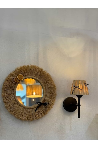 Rafya Hasır Siyah Fiyonk Kurdele Kablosuz Pilli Aplik - Alt Siyah Siyah