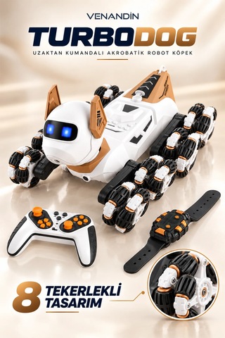 Venandin Turbo Dog Uzaktan Kumandalı Akrobatik Robot Köpek - 8 Tekerlekli, Bileklik Kontrollü, Işıklı Şarjlı Akıllı Oyuncak
