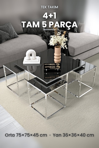 MİLAN 5 Parça Gümüş Zigon Sehpa Takımı Orta Sehpa Yan Sehpa siyah Cam Kurulu Hediye 75x75