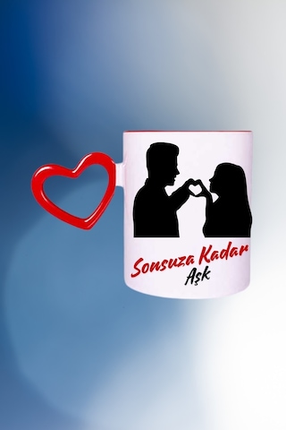Sonsuz Aşk Baskılı Kalpli Kırmızı Kupa Bardak Çay Kahve Fincanı Beyaz