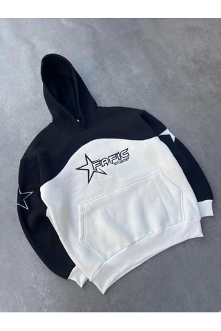 Mbb E-ticaret Kadın 3 İplik Pamuklu Parçalı Nakış İşlemelı Kapüşonlu Sweatshirt Hoodie - Siyah