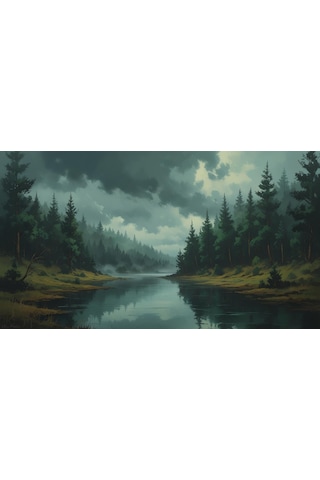 Doğa Ve Manzara Yatay Yoğun Ağaçlar Ve Gizli Göl, Sisli Vadi, Gizemli Ruh Hali Soluk Renkler 02 Çerçevesiz 90x60cm Pvc Tablo