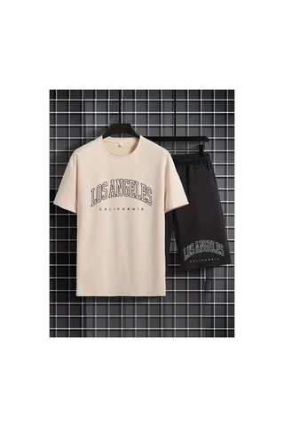 Erkek Bej''los Angeles Baskılı'' Basic Oversize T-shirt- Şort Takım Strup0000000000015