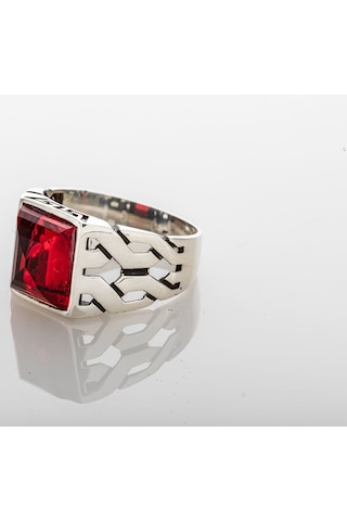Gümüş Yakut Renkli Baget Kesim Zirkon Taşlı Kare Model Erkek Yüzük