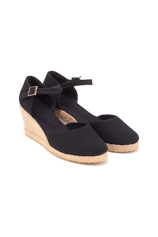 Star Tombis Gerçek Elişi Topuğu Kapalı Bilekten Bantlı Keten Espadril Dolgu Topuk Handmade Siyah
