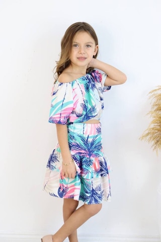 Carmen Yaka Madonna Desenli Etekli Takım - Bahar Esintisi Palmiye Adası Etekli Takım Çok Renkli