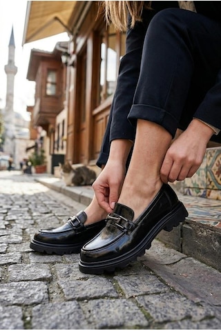 Fort Ventes 35839 Siyah Açma Toka Detaylı Rahat Loafer Kadın Ayakkabı