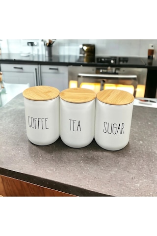 3 Lü Vakumlu Cam Bambu Kapaklı Çay Kahve Şeker Kavanozu Saklama K