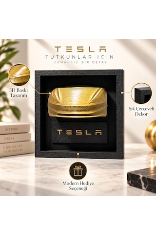 Tesla Temalı 3d Baskı Araba Figürlü Dekoratif Çerçeve Masaüstü Dekor Tsl-3d-blk-gld-01