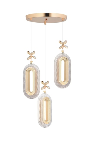 Led Alfa 3'li Gold 3 Renk Ledli Kristal Taşlı Modern Led Avize Gold