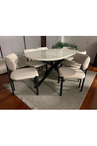 Hobi Beyaz Mermer Görünümlü Oval Masa 6 Sandalye Krem