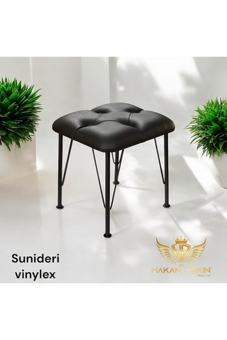 By Hakan Aşkın Siyah Metal Ayaklı Novolux Vinylex Sunideri Puf Black 40x45 Cm Siyah Vinylex