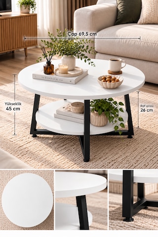 Yuvarlak Orta Sehpa 69,5 Cm İki Katlı Raflı Metal Ayaklı Modern Dekoratif Salon Sehpası Beyaz