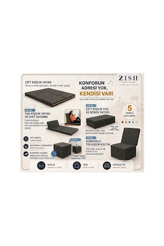 Zishome Tek Kişilik Multipurpose 5 İn 1 Antrasit Çift Kişilik Katlanır Süngerli Misafir Yer Yatağı Ve Balkon Minderi 7cm