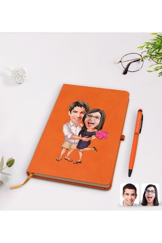 Kişiye Özel Sevgililer Karikatürlü Turuncu Termo Deri Defter Kale N11.2259