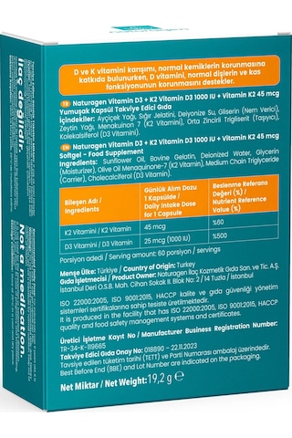 Naturagen Vitamin D3 + K2 1000 IU 60 Kapsül