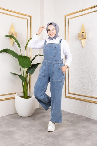Harmatime Kadın Cep Detaylı Askılı Mavi Kot Tulum