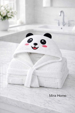 Sevimli Panda Nakışlı Beyaz Pamuklu Kapşonlu Çocuk Bornozu Diğer
