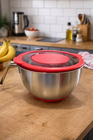 Qerhome Paslanmaz Çelik Kapaklı Karıştırma Kabı Kaymaz Tabanlı Ve Ölçü Çizgili Mikser Kabı Kırmızı 22 Cm