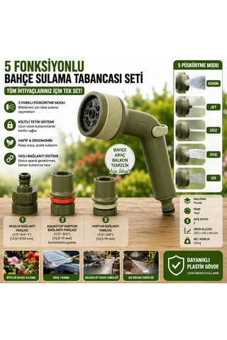 5 Fonksiyonlu Bahçe Sulama Tabancası Seti Musluk Bağlantılı Aquastoplu Çok Amaçlı Püskürtme Tabancası Yeşil 4 Parça