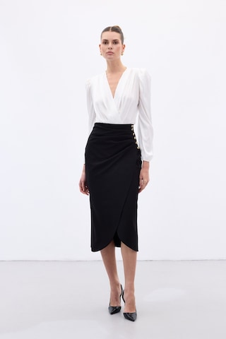 Sateen Düğme Detaylı Kalem Etek - Siyah-136776 Siyah