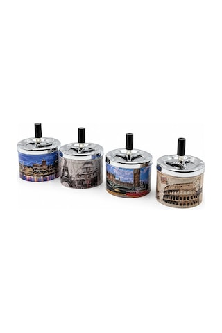 12 Adet Ashtray Yuvarlak - Basmalı Metal Küllük 5468 Çok Renkli