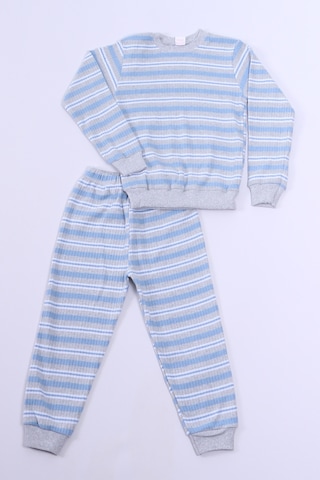 Hçm Erkek Çocuk Pijama Takımı Çizgili Ribanalı A35 Mavı