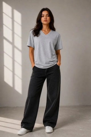 İkales V Yaka Basic Tişört Kısa Kol Yazlık Regular Fit T-shirt - Gri