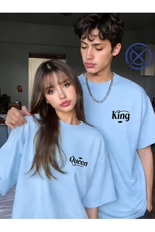 Nevermind King Queen Sevgili Tişört Kombini Unisex Çift Tişört Seti %100 Pa Mavi