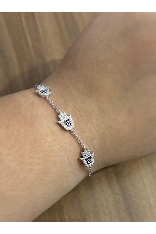 Kadın Sıralı Fatma Ana Eli Model Gümüş Bileklik Silver