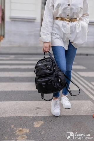 Yıkama Deri Kadın Sırt Çantası Siyah