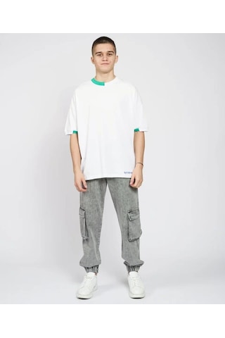 Marions Erkek Çocuk Pamuklu Oversize Kesim Sıfır Yaka Yarım Kol Tshirt-12925-beyaz Yeşil Beyaz - Yeşil