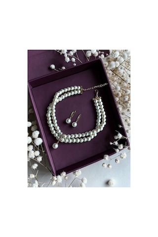 Zirkon Taşlı Tasma Choker İnci Kolye Ve İnci Küpe Seti Düğün Nikah Kına Beyaz