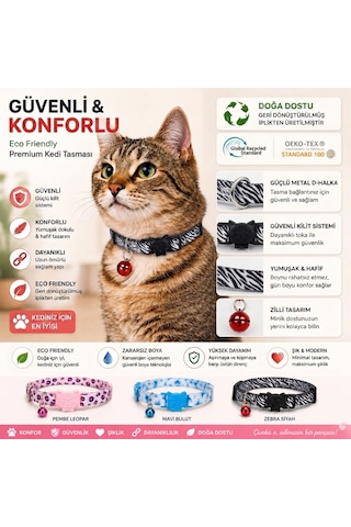 Desenli Kedi Boyun Tasması Geri Dönüştürülmüş İplik, Güvenli Kilit Sistemli, Konforlu Kullanım, Zebra Siyah