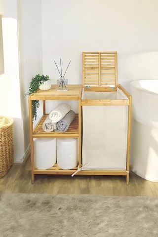 Digithome Bambu 3 Raflı Kumaş Sepetli Banyo Düzenleyici Kirli Çamaşır Sepeti D/8 Jw-22750 Naturel