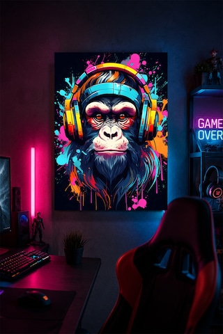 Gaming Goril Metal Duvar Tablosu Kulaklıklı Gamer Oda Dekoru Renkli Tasarım 30x40 Cm A3 Boyutunda