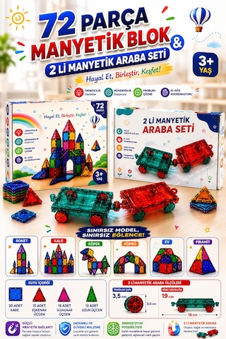 72 Parça Manyetik Yapı Blokları Ve 2'li Manyetik Araba Seti Eğitici Yapı Ve Tasarım Oyuncağı