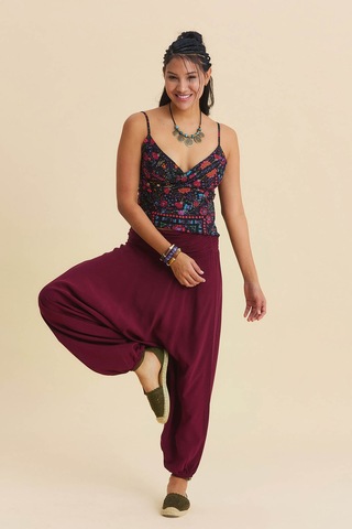 Drape Detay Beli Lastikli Şalvar Pantolon Bordo