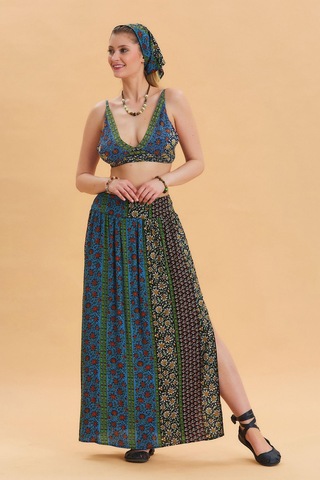 Çiçek Desenli Arka Bel Lastikli Derin Yırtmaçlı Etek Çok Renkli